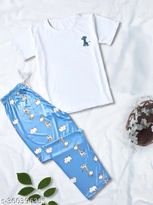 Giraffe print polycotton t-shirt, silk blend pajamas and shorts set for luxury nightwear with drawstring elastic waistband, India