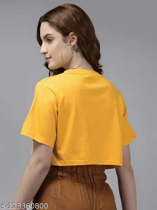 Yellow cotton oversize crop t-shirt from The Dry State, printed net design on women's short sleeves