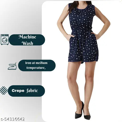 Navyblue star printed crepe sleeveless knee-length jumpsuit for women, perfect for summer style and fitness