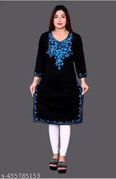 Woolen embroidered kurta in solid combo, three-quarter sleeves, S-XXL sizes available. Beautiful Indian aari work for casual and party wear