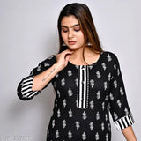 Black rayon straight kurti with plazzo set for women and girls, printed pattern, three-quarter sleeves, pack of 2 sizes: S, M & L