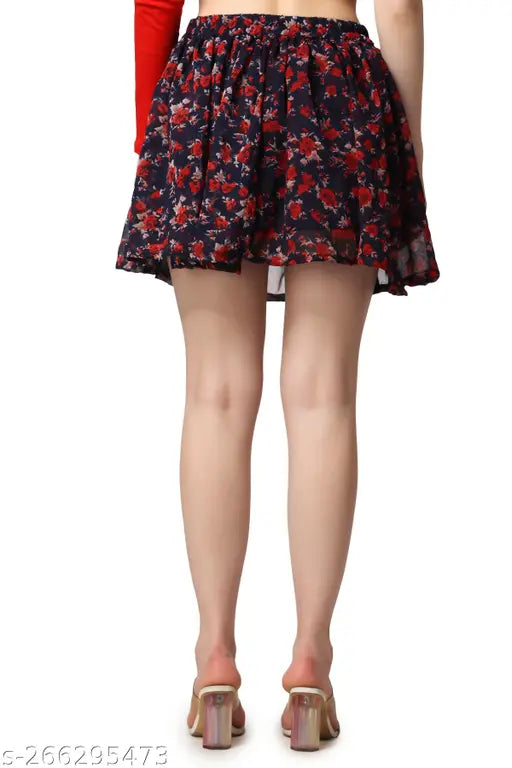 Blue chiffon floral mini skirt, georgette, flared, above knee, printed floral design. Soft, comfortable, and trendy women's fashion (size 26/28/30/32/34). Made in India