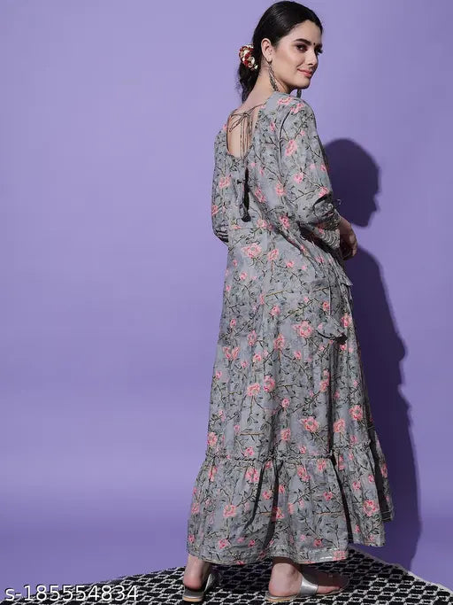 Cotton embroidered anarkali kurta in flowers print, deep neck, trendy styles for women