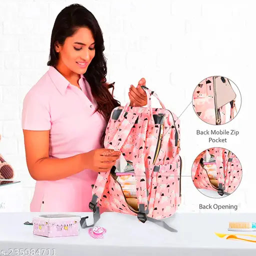 Printed pink unicorn diaper backpack, water-resistant polyester bag with multiple compartments for maternity essentials