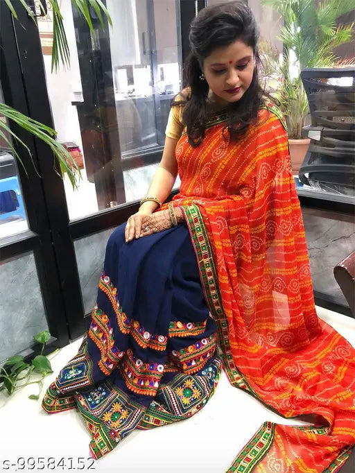 Red and orange Georgette bandhani pallu saree with designer embroidery work, 5.5m length, free size