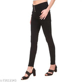 Black denim women's 4-button jeans with studded detail, high-quality stretchable jeans for a comfortable fit from JAC FASHION
