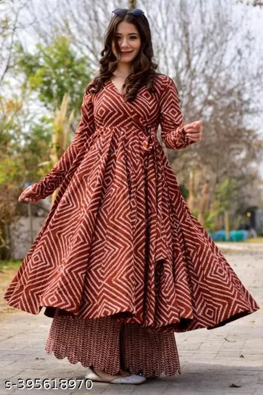 Rayon maroon kurta set with palazzo pants, three-quarter sleeves, printed net pattern, India origin