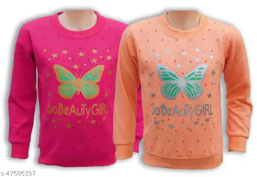 Cotton fleece printed sweatshirt for girls, 2-pack in winter colors, sizes 2-3 years to 10-11 years, made in India