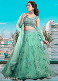 Green semi-stitched FULPARI lehenga choli with net fabric and embroidered floral patterns, perfect for traditional Indian events