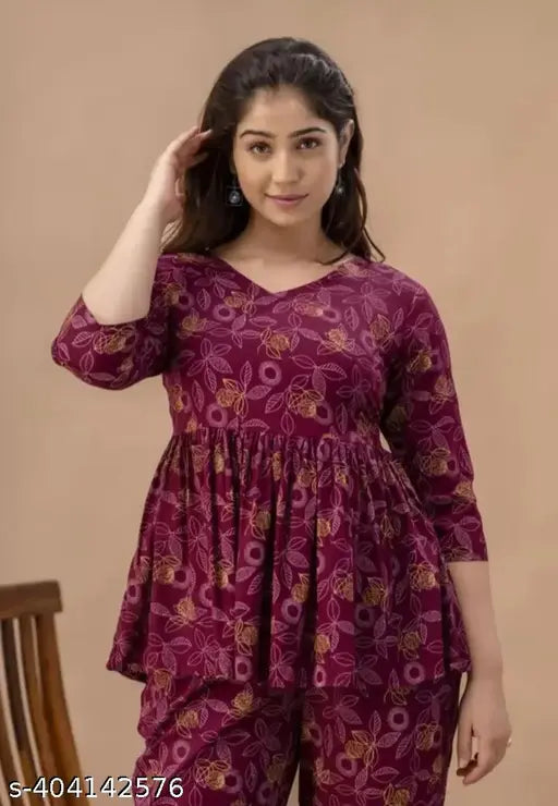 Wine-colored premium rayon top & pant co-ord set, trendy pocket pocket, viscose rayon fabric