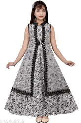 Grey silk ethnic girls gown, sleeveless printed net daily wear kurti pack of 1, Indian fashion for occasions