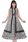 Grey silk ethnic girls gown, sleeveless printed net daily wear kurti pack of 1, Indian fashion for occasions