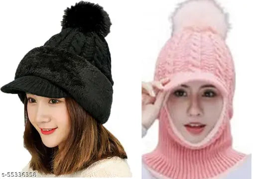 Trendy woolen women's monkey cap & hat - snow-proof, soft, warm, visor, winter fashion