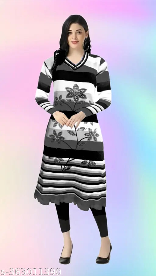 Striped woolen kurta, three-quarter sleeves, low price. Women's warm winter fashion wear, unique design with beads & stones. Made in India