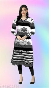 Striped woolen kurta, three-quarter sleeves, low price. Women's warm winter fashion wear, unique design with beads & stones. Made in India