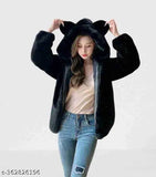 Stylish wool ear hoodie for women & girls, solid color, long sleeves. High-quality polyester, comfortable and breathable, suitable for casual, beach, home daily wear. Soft, stretchy, lightweight, easy to pair with boots, jeans, leggings. Great for indoor or outdoor use, fitness, running, workout, travel, parties. Made in India