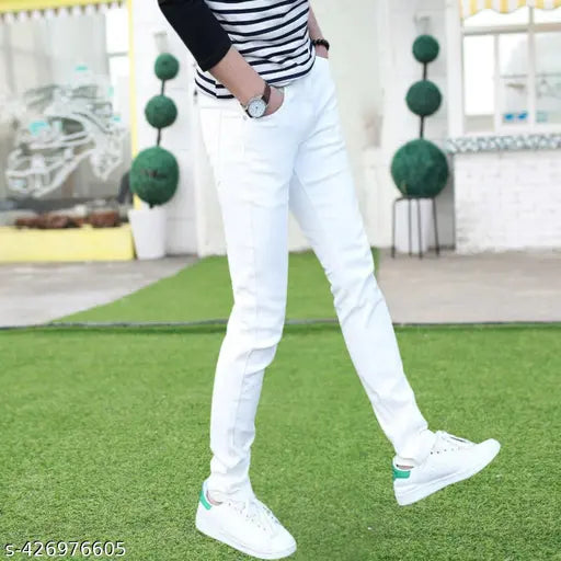 RusticBlooms Men's white denim jeans, slim fit, comfortable and versatile - India-made wardrobe essential