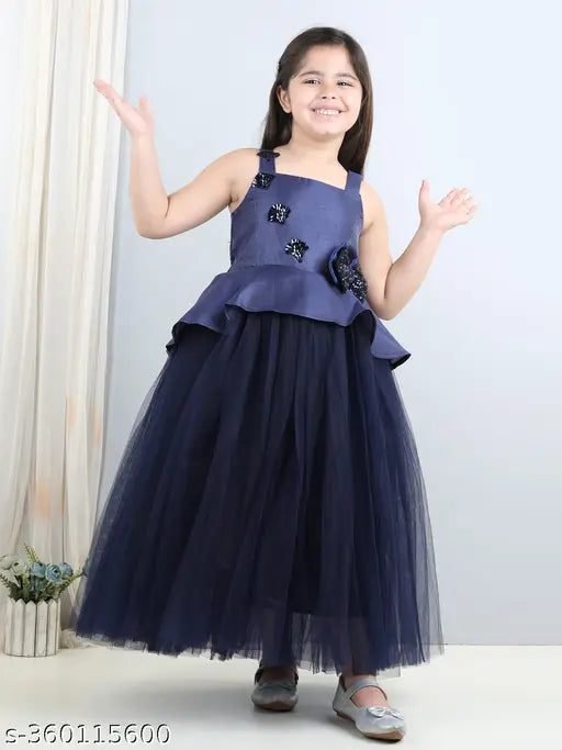 Navy blue net full length dress for kids party wear, featuring toy balloon pattern on shoulder straps