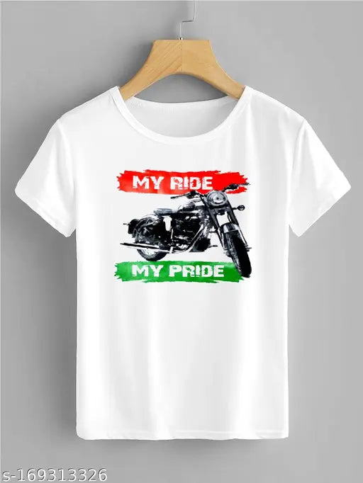Royal Enfield Bullet bike t-shirt in royal blue with printed design, short sleeves, available in sizes M, L, XL, XXL. Made in India