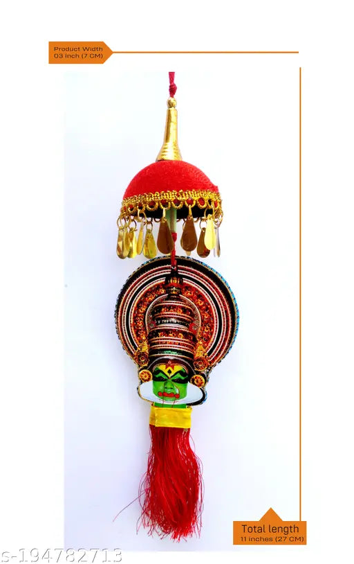 Kathakali faces paper board car hanging ornament with umbrella artwork, handcrafted Indian nettipattam enhances vehicle beauty