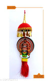 Kathakali faces paper board car hanging ornament with umbrella artwork, handcrafted Indian nettipattam enhances vehicle beauty