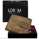 Brown leather men's wallet with five compartments, textured pattern, free size (10cm x 9cm), seven credit card slots, two secret components, brand logo embossed, smooth finish, lightweight, trendy design, button closure. Made in India