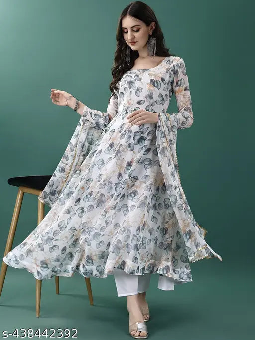 White Georgette Anarkali Gown with Flower Print, full inner. Suitable for office, engagement, and marriage wear