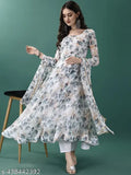 White Georgette Anarkali Gown with Flower Print, full inner. Suitable for office, engagement, and marriage wear