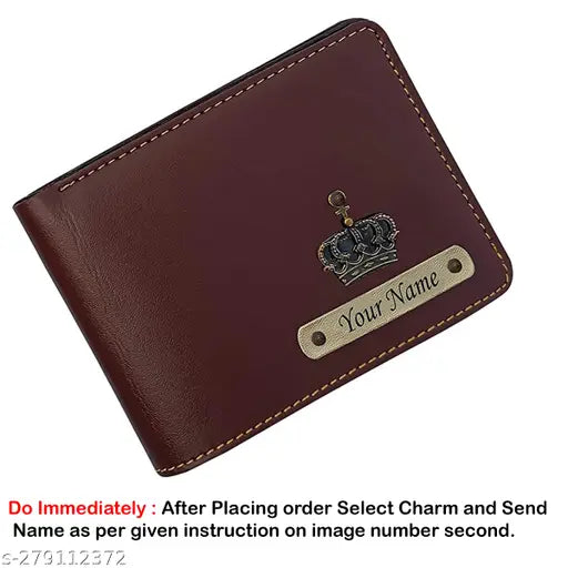 Dark brown faux leather personalized name wallet for men, customizable with charms - ideal birthday or anniversary gift