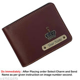 Dark brown faux leather personalized name wallet for men, customizable with charms - ideal birthday or anniversary gift