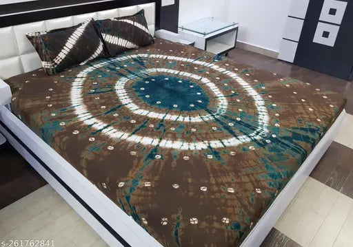 Brown-green cotton bandhani tie dye double bedsheet with two pillow covers, color Nirvana's traditional Rajasthani craftsmanship for summer adult use