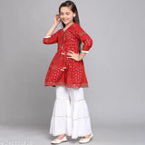 Trendy blue cotton kurta sharara set with three-quarter sleeves, printed pattern for 7-8 years girls' party wear