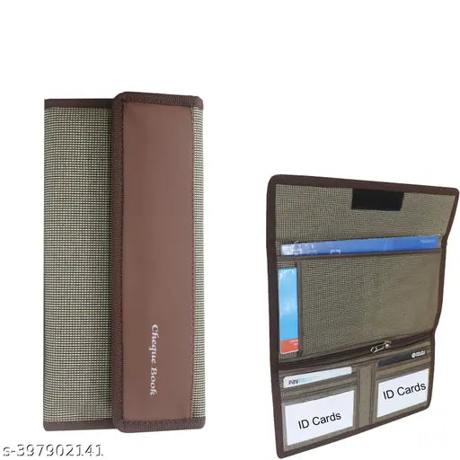 Multi-pocket fabric cheque book holder, ideal for home office or travel, striped net design with 5 compartments