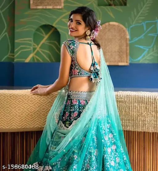 Teal foil applique lehenga set (Aqua Blue), embellished silk lehenga, dupatta with net, India