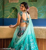 Teal foil applique lehenga set (Aqua Blue), embellished silk lehenga, dupatta with net, India