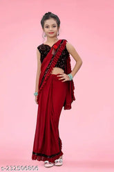 Maroon lycra blend ruffle pattern saree with velvet unstitched blouse piece, soft and comfortable for baby girls, India origin