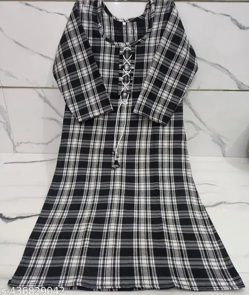 Stylish black checked woolen kurti for women & girls, featuring intricate onlay details. Made from premium wool in large sizes: M, L, XL, XXL (India)
