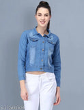 Dyed/washed denim women's jacket with three-quarter sleeves, good quality. Sizes: S (34in bust, 19in length), M (36in bust, 20in length), L (38in bust, 20in length), XL (40in bust, 21in length). Made in India