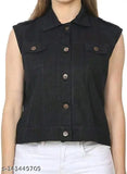 Black denim women's jacket, sleeveless, solid pattern, New Classic Enterprises. Casual outfit accessory, India origin
