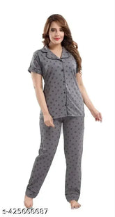 Stretchable cotton blend nightsuit for women, printed net pattern, available in S, XL, XXL, perfect for lounging and sleepwear