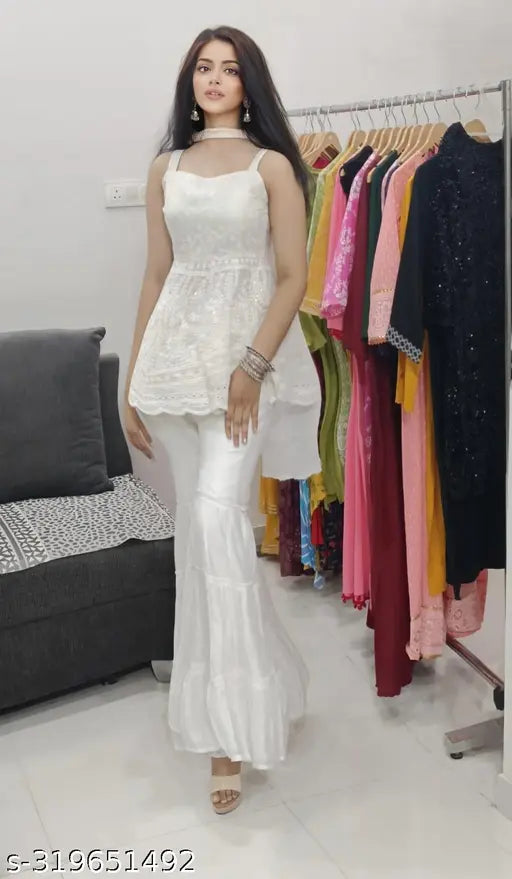 Stylish Chikankari Sharara Top Set in Cotton & Chanderi Silk - Embroidered, sleeveless, easy-to-wash Indian attire for parties and festivals