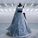 Blue net embroidered lehenga choli dupatta set, Indian festive wear for women, unstitched with 42in waist and 44in length, embellished with lace details