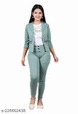 Mint green cotton blend dress set for girls aged 1-16 years, featuring a t-shirt, three quarter sleeves jacket, and full length pant. Made in India