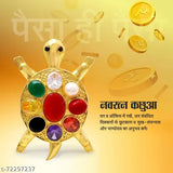 Gold-polished brass Feng Shui Kachua Tortoise Navratna figurine, featuring gemstones - Ruby, Pearl, Red Coral, Emerald, Yellow Sapphire, Diamond, Blue Sapphire, Hessonite, Cat's Eye. Single piece in package, ideal for office luck enhancement, India origin