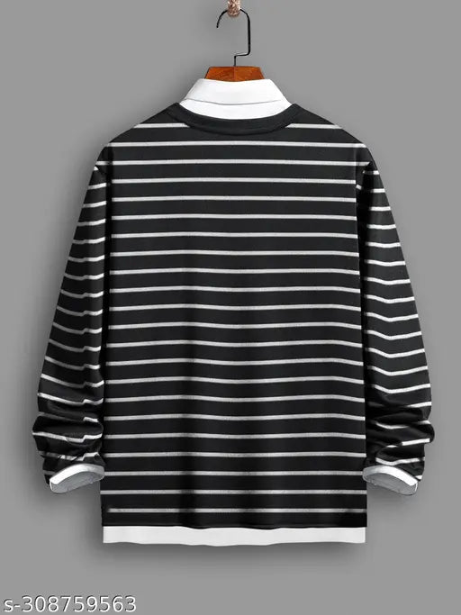 Black and White CottonBlend slim-fit polo neck t-shirt with striped pattern, suitable for men's fashion