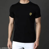 Black Lycra half-sleeve round neck t-shirt, printed with trendy design. Men's daily wear for timeless style and comfort. #ClassicComfort #MensFashion #PolyCottonTShirt #EverydayWear #RoundNeckTshirt