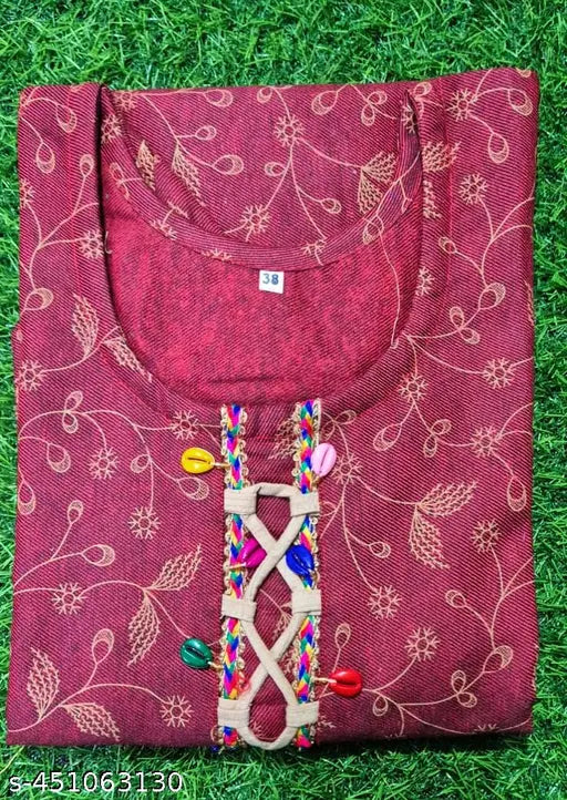 Red wool long kurti with printed combo, three-quarter sleeves, size M (Bust 19in, Length 38in), Indian handloom fashion