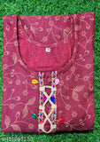 Red wool long kurti with printed combo, three-quarter sleeves, size M (Bust 19in, Length 38in), Indian handloom fashion