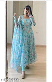 Elegant sky blue Georgette dress with long sleeves, printed net pattern, includes gown and dupatta, size S-XXL. Indian fashion wear for women