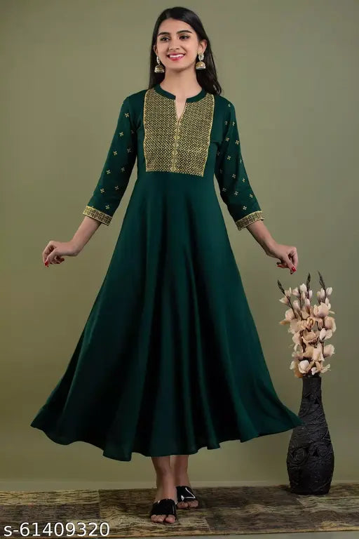 Green rayon embroidered Anarkali gown kurti for women, three-quarter sleeves, solid design, India-made fashion wear